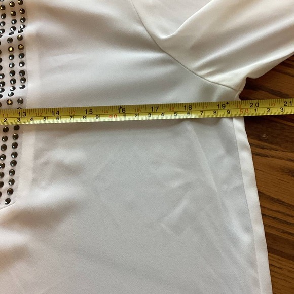 Long Sleeve White Blouse Tunic Top Silver Rhinestones Hidden Buttons Size XSmall - Picture 8 of 12